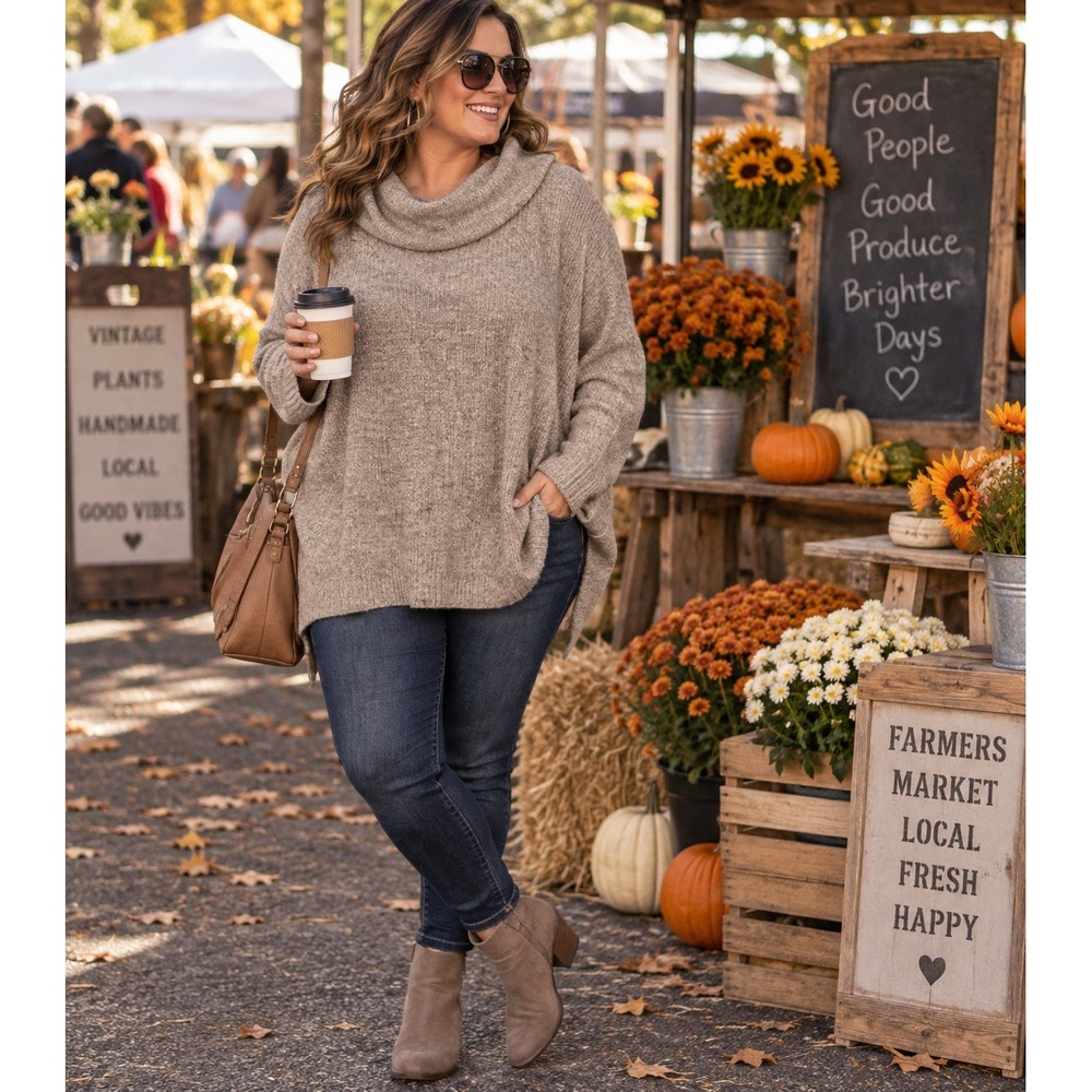 Chicos Cowl Neck Sweater Womens XL 3 Marled Tan Ribbed Knit Oversized Pullover
